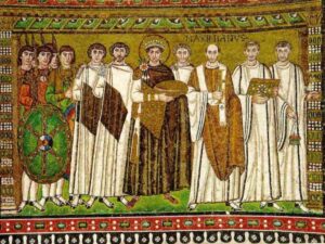 Arte Bizantina Mosaico de Justiniano e seu Séquito